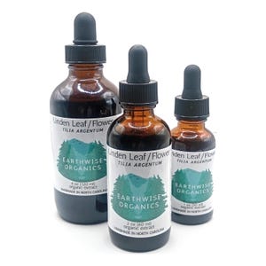 May include: Three amber glass bottles of organic extract with black droppers. The labels read "Linden Leaf/Flower" and "Earthwise Organics." Sizes are 4 oz (120 ml), 2 oz (60 ml), and 1 oz (30 ml).