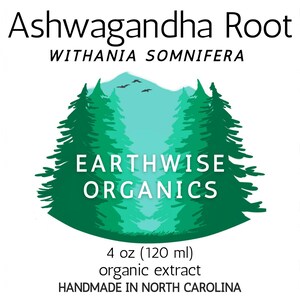 以下が含まれることがあります： Earthwise Organicsのアシュワガンダルートエキスのラベル。緑と青のデザインで、「Earthwise Organics」と「Ashwagandha Root」の文字が書かれています。成分、使用方法が記載されており、ノースカロライナ州で手作りされています。ボトルには120 mlが入っています。