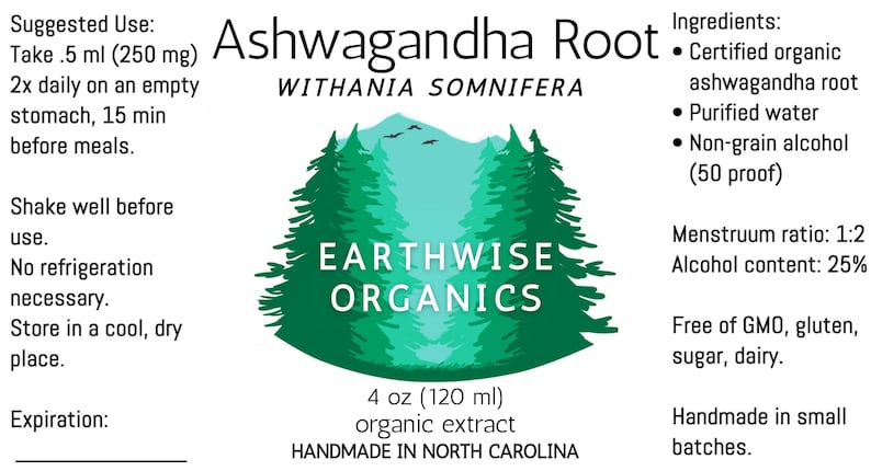 以下が含まれることがあります： Earthwise Organicsのアシュワガンダルートエキスのラベル。緑と青のデザインで、「Earthwise Organics」と「Ashwagandha Root」の文字が書かれています。成分、使用方法が記載されており、ノースカロライナ州で手作りされています。ボトルには120 mlが入っています。