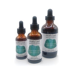 May include: Three amber glass bottles of Alfalfa Leaf extract with black droppers. The bottles are labeled with "Alfalfa Leaf" and "Earthwise Organics." Sizes include 1 oz, 2 oz, and 4 oz. The labels also state "organic extract" and "handmade in North Carolina."