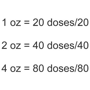 Peut inclure: Une bouteille en verre marron avec un compte-gouttes noir est pr&eacute;sent&eacute;e avec du texte indiquant des informations sur le dosage. Le texte indique : 1 oz = 20 doses/20 jours, 2 oz = 40 doses/40 jours, et 4 oz = 80 doses/80 jours.