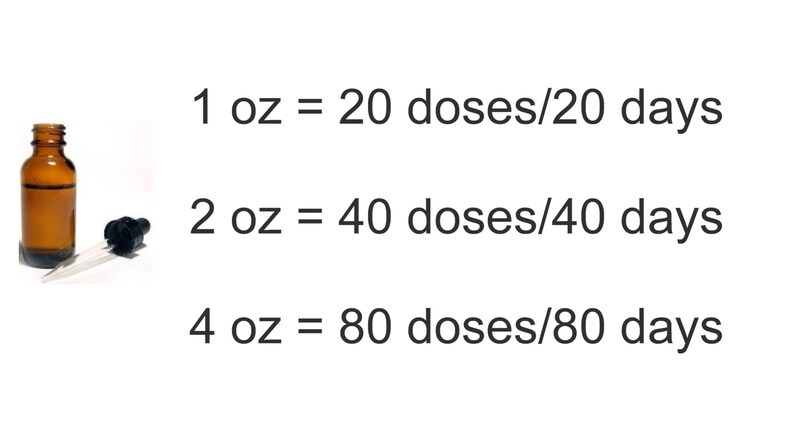 Peut inclure: Une bouteille en verre marron avec un compte-gouttes noir est pr&eacute;sent&eacute;e avec du texte indiquant des informations sur le dosage. Le texte indique : 1 oz = 20 doses/20 jours, 2 oz = 40 doses/40 jours, et 4 oz = 80 doses/80 jours.