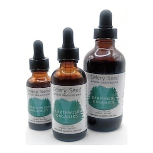 May include: Three amber glass bottles of celery seed extract with black droppers. Each bottle has a white label with the text "Celery Seed" and "Earthwise Organics". The bottles contain 1 oz (30 ml), 2 oz (60 ml), and 4 oz (120 ml) of extract.