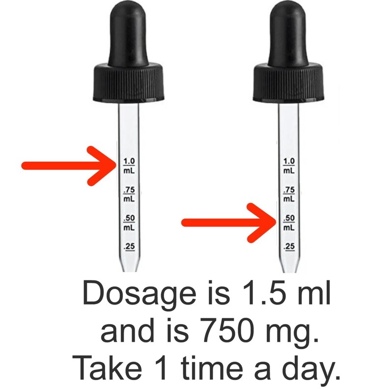 Peut inclure: Deux compte-gouttes en verre transparent avec des embouts en caoutchouc noir. Chaque compte-gouttes comporte des graduations en millilitres (mL). Le texte en dessous indique : "La posologie est de 1,5 ml et de 750 mg. Prendre 1 fois par jour."