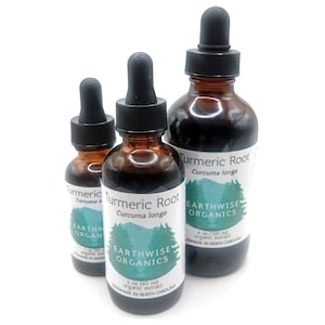 May include: Three amber glass bottles of turmeric root extract with black droppers. The labels read "Turmeric Root Curcuma longa" and "Earthwise Organics." The bottles contain 1 oz, 2 oz (60 ml), and 4 oz (120 ml) of organic extract.