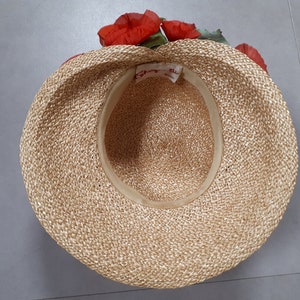 ELSA SCHIAPARELLI vintage hat, straw with poppies and forget-me-nots, wide-brimmed image 9