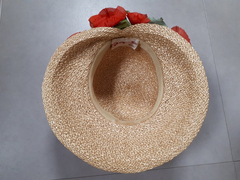 ELSA SCHIAPARELLI vintage hat, straw with poppies and forget-me-nots, wide-brimmed image 9