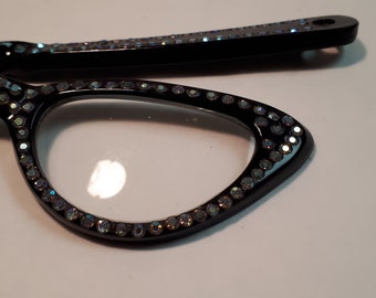 Lorgnette, black lucite, AB Swarovski rhinestones, marked HONGKONG, fifties