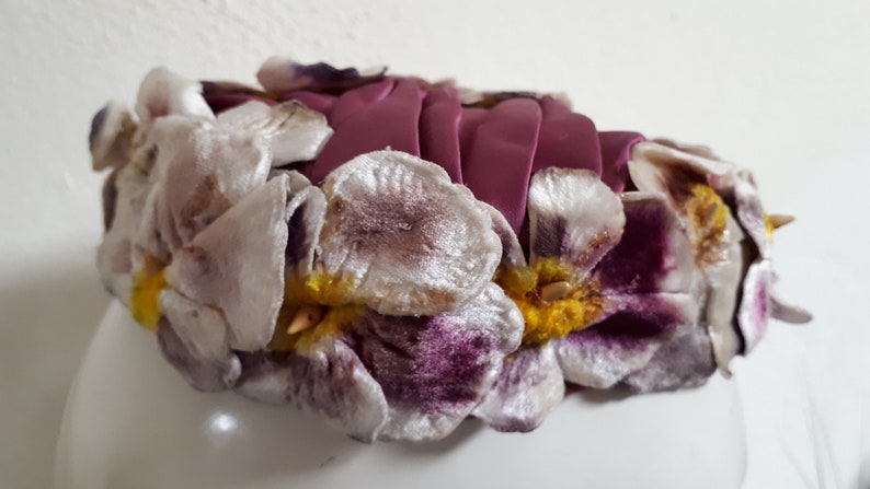 ELSA SCHIAPARELLI hat, velvet pansies, lots of pansies, mauve, purple, cream, magenta image 1