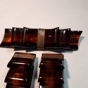 BAKELITE BROOCH & dress CLIPS, ribbon design, faux tortoiseshell, authentic