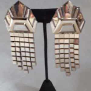 BUTLER & WILSON long vintage earrings, silvertone, art deco, clips, signed