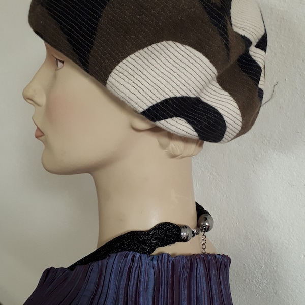 Swiss couture beret  hat, FELIX, Lugano, wool, beige, black & brown, size large M.