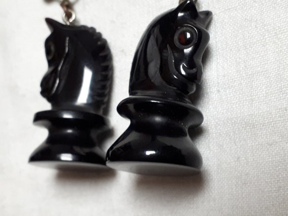 Black carved bakelite CHESS clipback earrings, ho… - image 5
