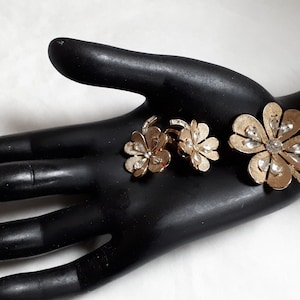 TRIFARI brooch and earrings, four leaf clover, goldtone, rhinestones, CROWN mark