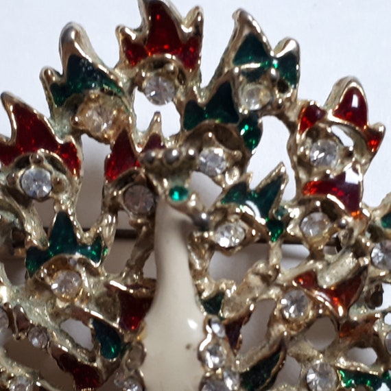 Peacock vintage brooch, Christmas peacock, red and