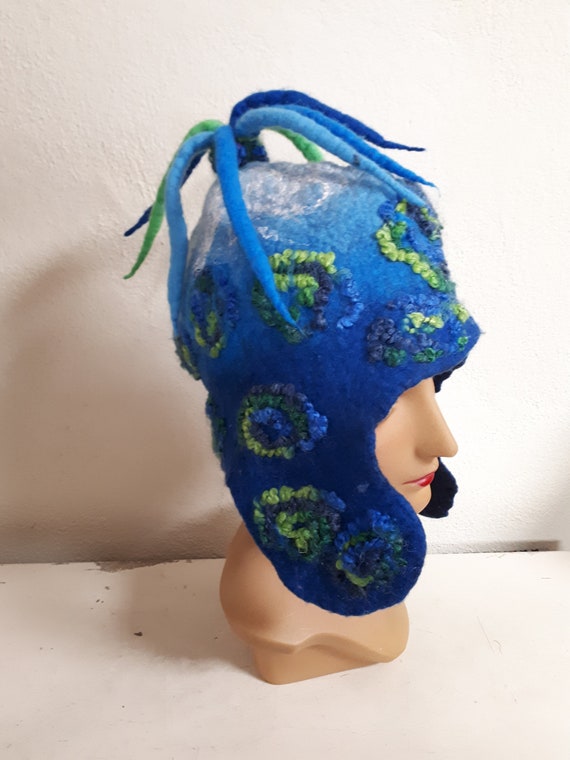 Chapka hat, Merino wool and silk, green & blue han