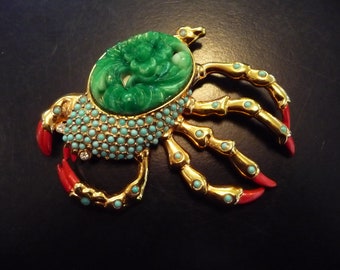 CRAB brooch, unsigned Hattie Carnegie PERHAPS? huge size, green art glass belly, blue cabs, goldtone metal