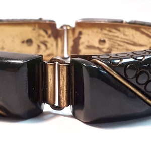 AUTHENTIC BAKELITE dark green deeply carved bangle, French, riveted to solid brass