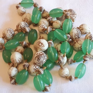 Czechoslovakia necklace, Neiger beads, uranium green glass and etched cream glass beautiful image 1