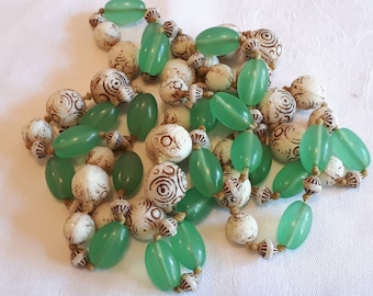 Czechoslovakia necklace, Neiger beads, uranium green glass and etched cream glass - beautiful