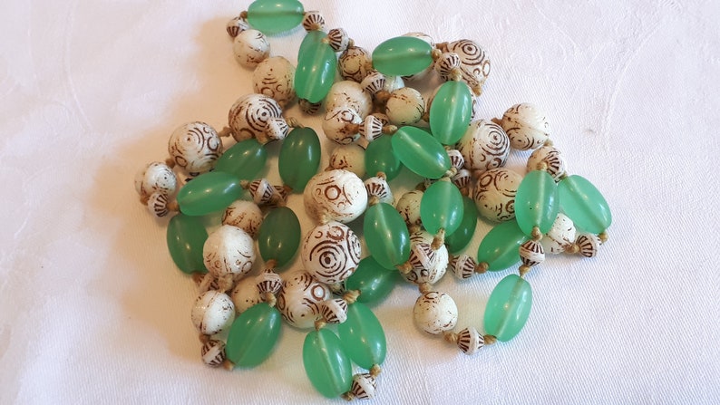 Czechoslovakia necklace, Neiger beads, uranium green glass and etched cream glass beautiful image 1