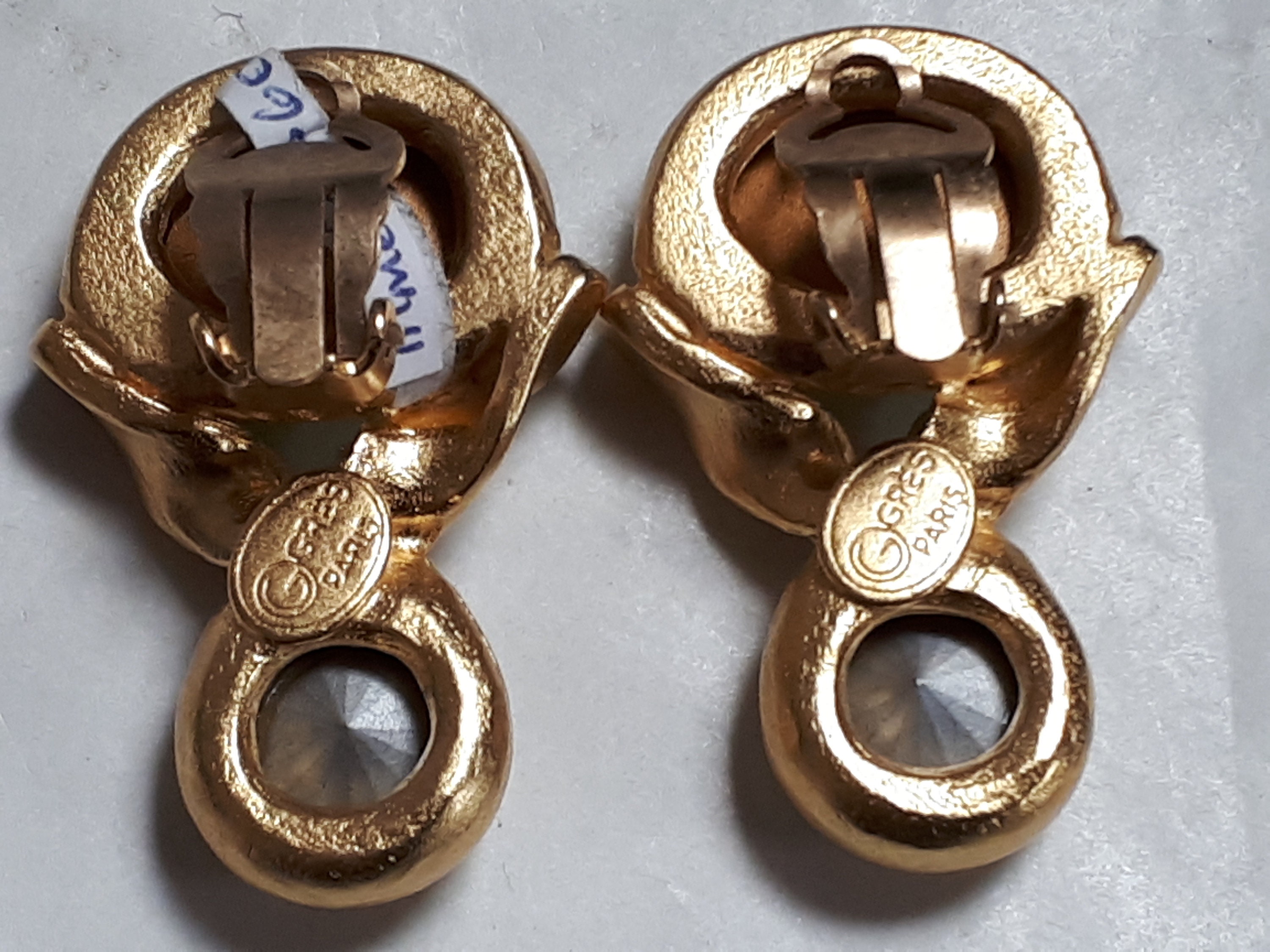 MADAME GRES Earrings, Haute Couture, Goldtone, Green Art