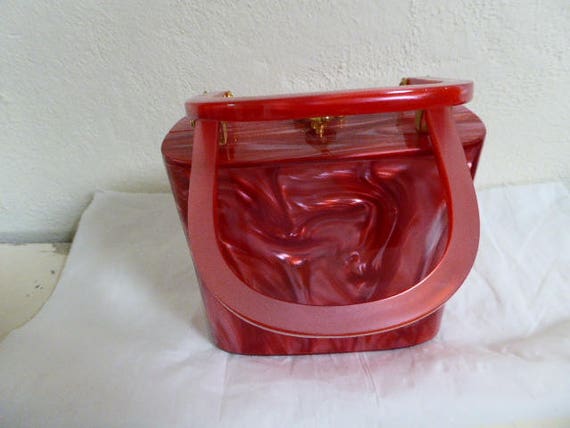 LUCITE handbag, 1970 doing Fifties..... marbled R… - image 2