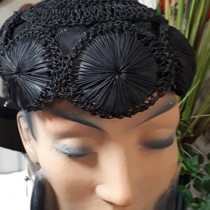 Vintage couture skullcap, black leather, crocheted twine on crinol
