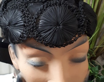 Vintage couture skullcap, black leather, crocheted twine on crinol