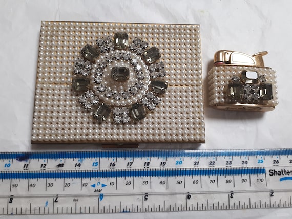 TRICKETTES by Wiesner Cigarette Case & Matching Lighter, BOXED, Pearls and  Grey Baguette Rhinestones