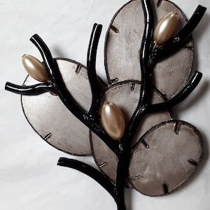 CILEA, France, brooch, stylized leaves & pearls, silver grey and black, rare