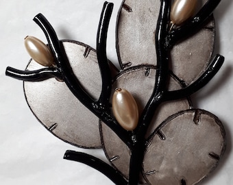 CILEA, France, brooch, stylized leaves & pearls, silver grey and black, rare