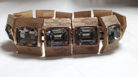 Goldtone art deco bracelet, black diamond baguett… - image 4