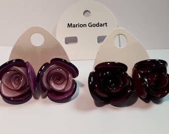 MARION GODART earrings, ROSES, vintage, purple & magenta, for pierced