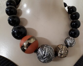 Angela Caputi necklace, black, silver, gold, coraltone, old stock, unworn.