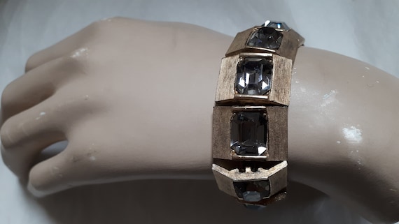 Goldtone art deco bracelet, black diamond baguett… - image 2