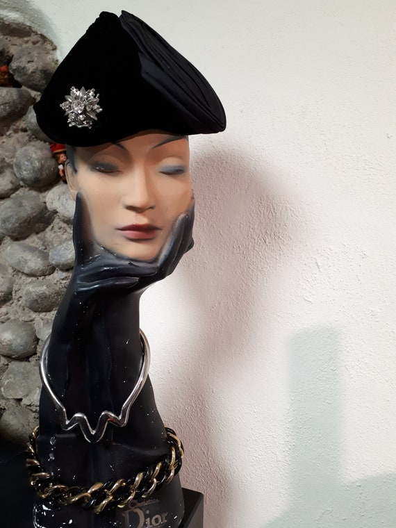 Vintage black HAT, satin & velvet, forties, rhine… - image 9