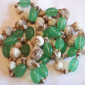 Czechoslovakia necklace, Neiger beads, uranium green glass and etched cream glass beautiful image 9