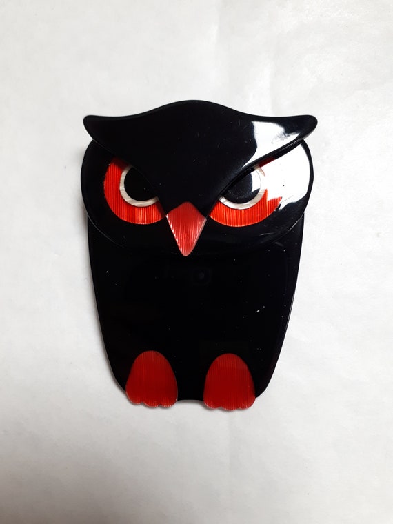 LEA STEIN brooch, OWL black & red, authentic, cel… - image 1