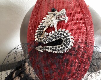 DRAGON fascinator red sinamay black veil comb attachment