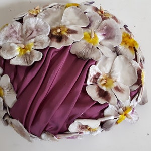 ELSA SCHIAPARELLI hat, velvet pansies, lots of pansies, mauve, purple, cream, magenta image 8