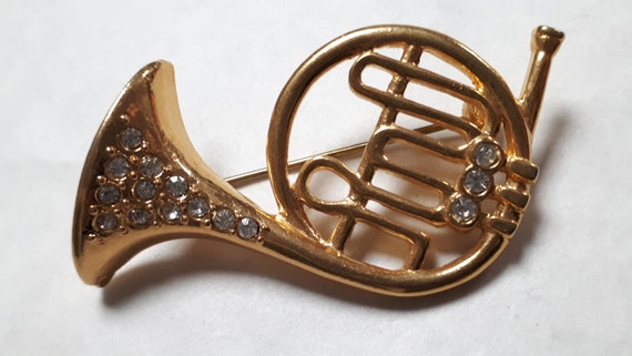 FRENCH HORN brooch, goldtone metal with clear rhi… - image 3