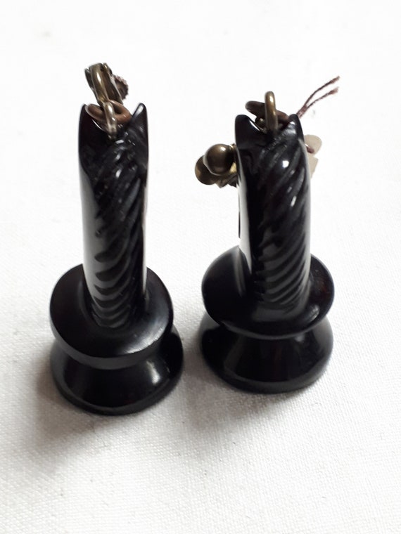 Black carved bakelite CHESS clipback earrings, ho… - image 8