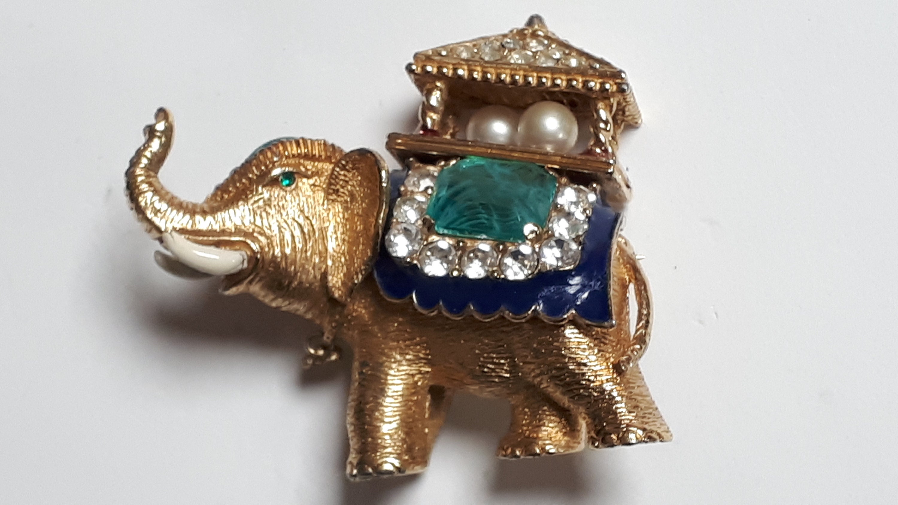 Vintage Ciner Elephant Brooch, Goldtone, Flawed Emerald Vintage Ciner Elephant Brooch, Goldtone, Flawed Emerald