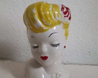 Forties head vase.  Porcelain Glamour Girl, yellow and red deco