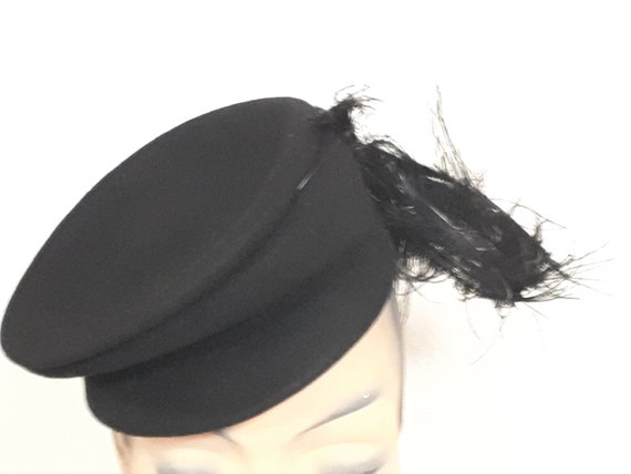 Vintage forties hat, black wool felt, cap with fe… - image 2