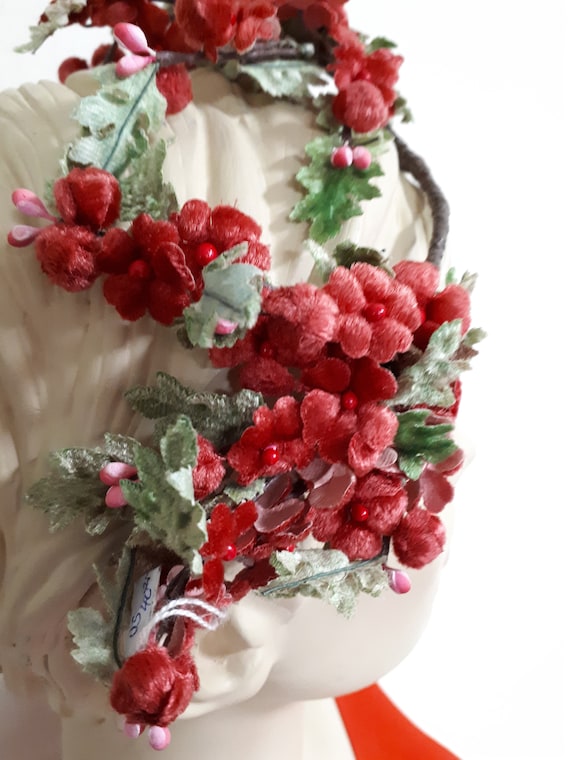 Vintage floral tiara cum hat, red velvet flowers ,