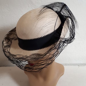VINTAGE MR JOHN Hat, Cream Straw, Black Netting and Feather  display picture 1