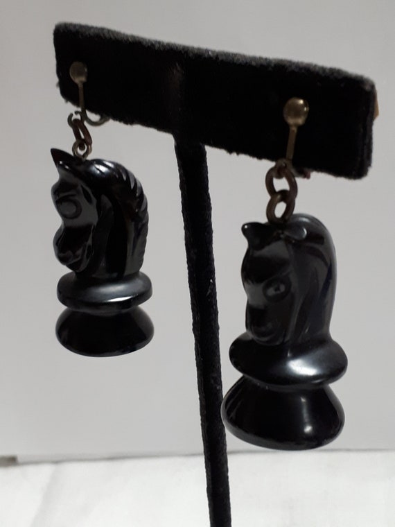 Black carved bakelite CHESS clipback earrings, ho… - image 4