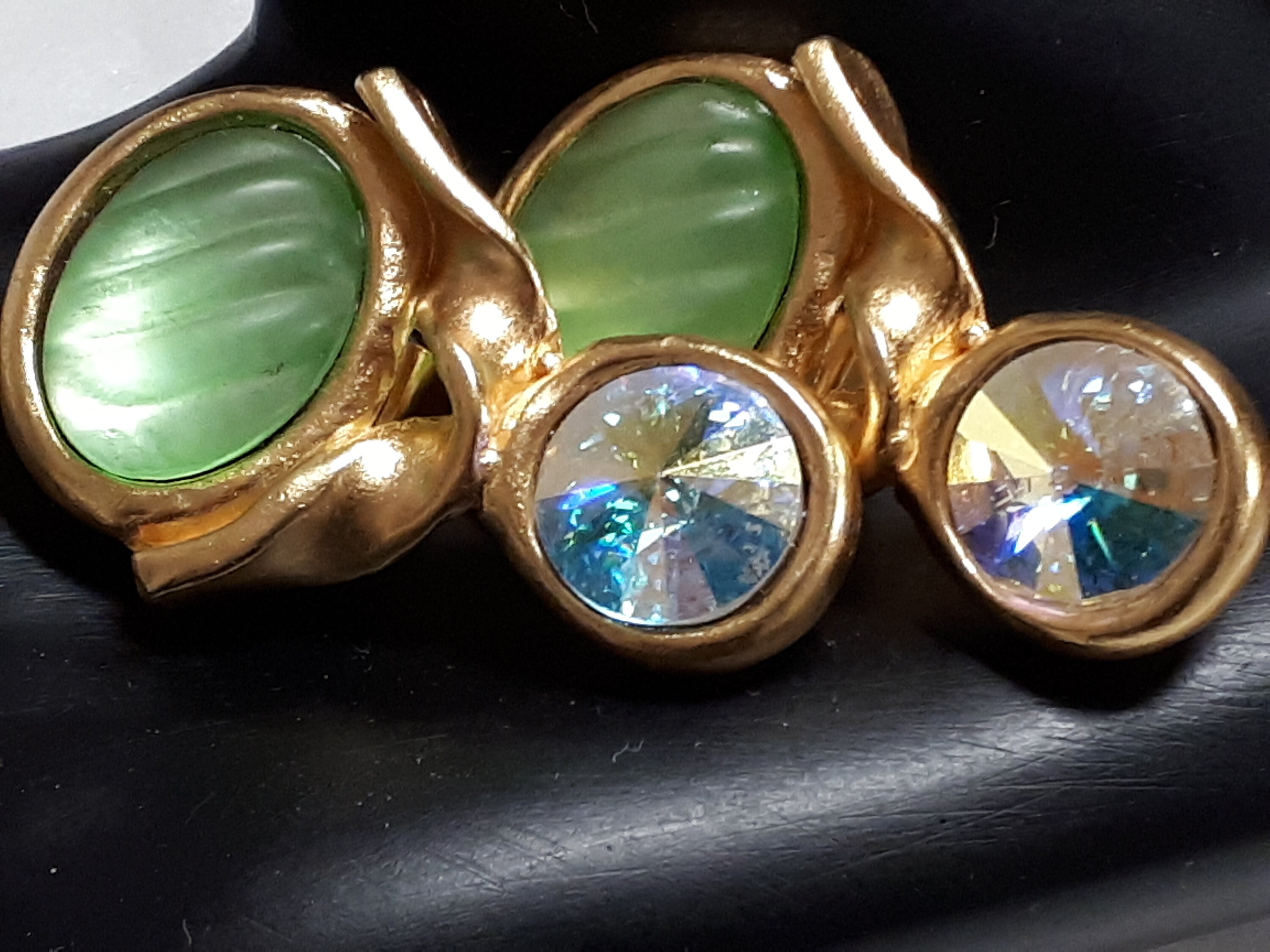 MADAME GRES Earrings, Haute Couture, Goldtone, Green Art